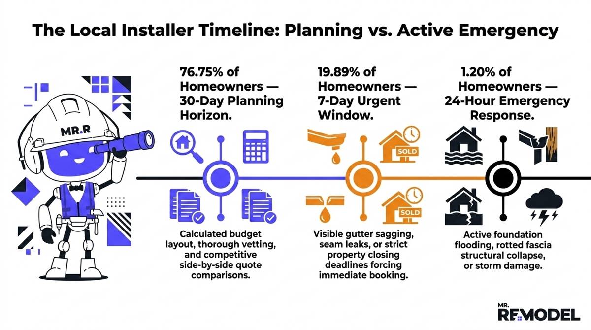 A horizontal, flat-vector timeline split into distinct data sectors using solid Blue (#5044FF) and Orange (#EF8C1D) circular nodes. Visualizes the 76% planning runway vs the 19% urgent fast track.